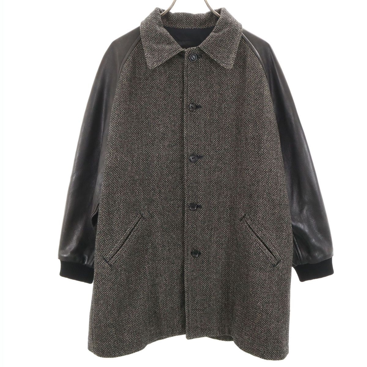 Y s ワイズ 80 ヴィンテージ 鹿革 レザー切替 ウール ステン コート ブラック ヨウジヤマモト メンズ 古着
