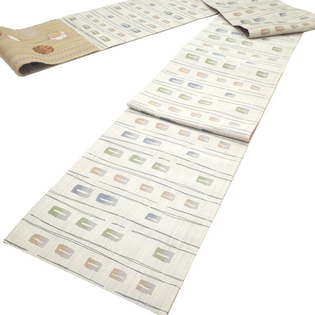  すごい値 袋帯 リサイクル 正絹 全通 リバーシブル 両面 伝統工芸士 古賀勝幸 西陣 ベージュ 雪輪 兎 うさぎ 菊 花 麻の葉 縞 アイボリー カジュアル 仕立て上がり 春 秋 冬 すごいね みやがわ neb 01574 袋帯 帯