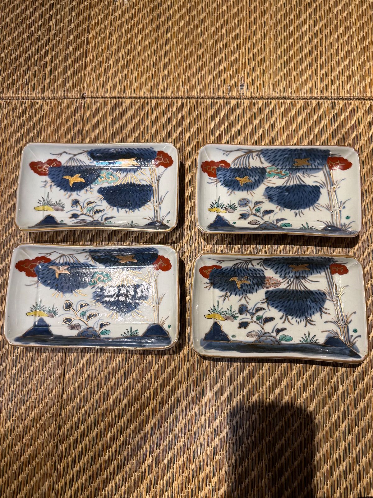 江戸後期 古伊万里色絵竹林鳥図長方皿 長皿 四枚 古美術 骨董 古伊万里赤絵