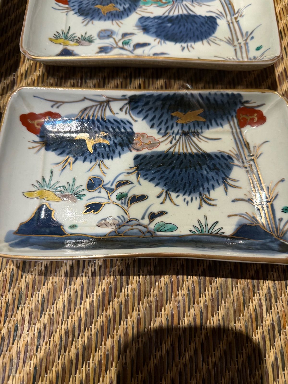 江戸後期 古伊万里色絵竹林鳥図長方皿 長皿 四枚 古美術 骨董 古伊万里赤絵