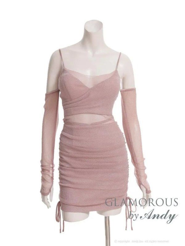 ピンク OF05 GMS-V894-B-2510 Andy GLAMOROUS アンディグラマラス ラメニット オフショル ロングスリーブ 袖あり カットアウト ウエストシアー タイト ミニドレス キャバドレス