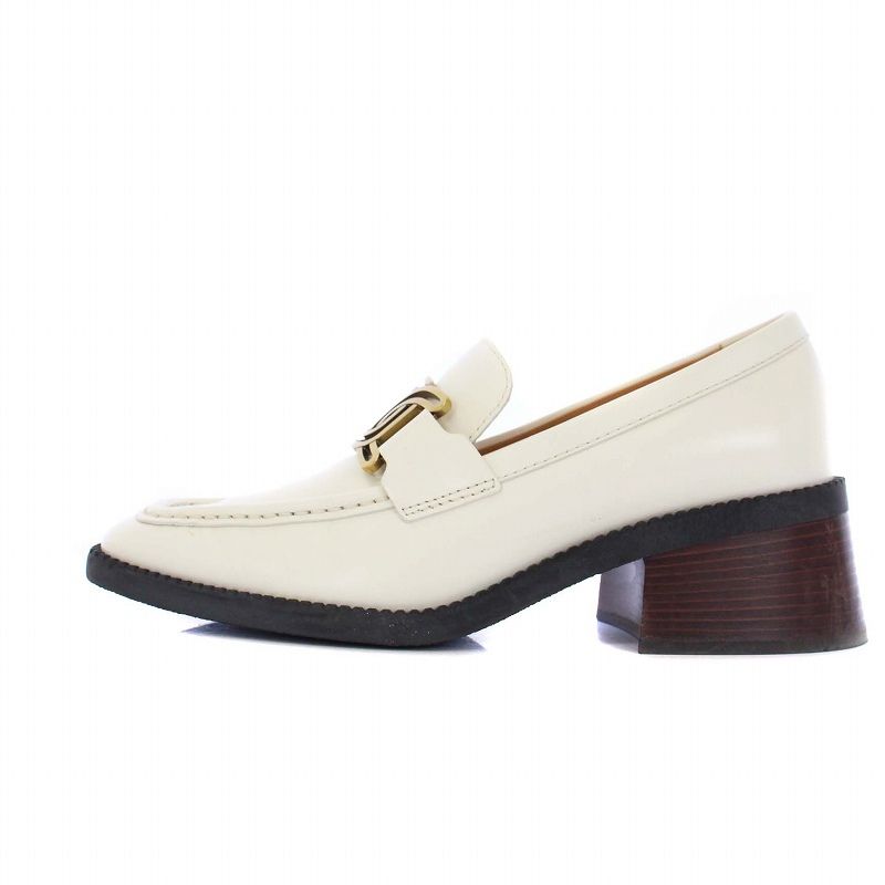 トッズ TOD S Kate ケイト スクエアトゥ ローファー チャンキーヒール レザー ゴールド金具 37 24 cm 白 オフホワイト KH