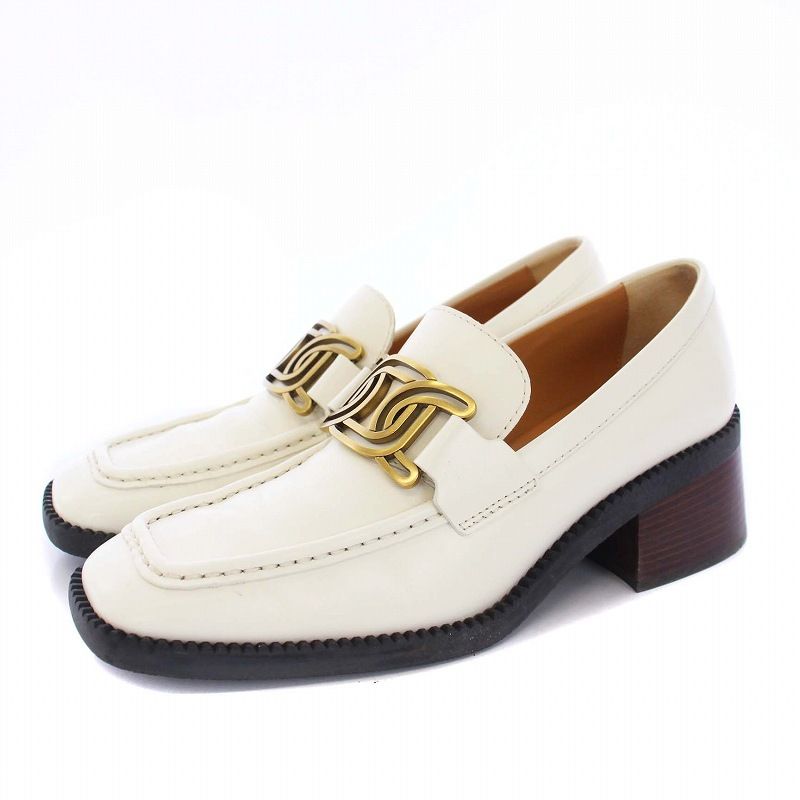 トッズ TOD S Kate ケイト スクエアトゥ ローファー チャンキーヒール レザー ゴールド金具 37 24 cm 白 オフホワイト KH
