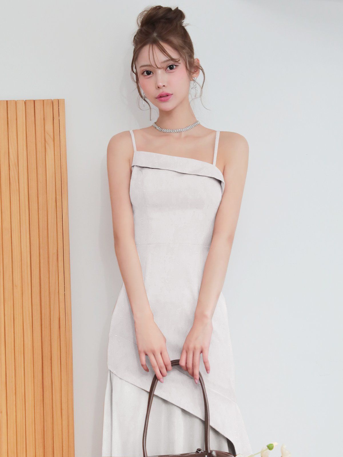 ホワイト OF2 AR25872-BE-2510 ANGEL R エンジェルアール アシンメトリーデザイン シフォン ラメ タイト ロングドレス キャバドレス