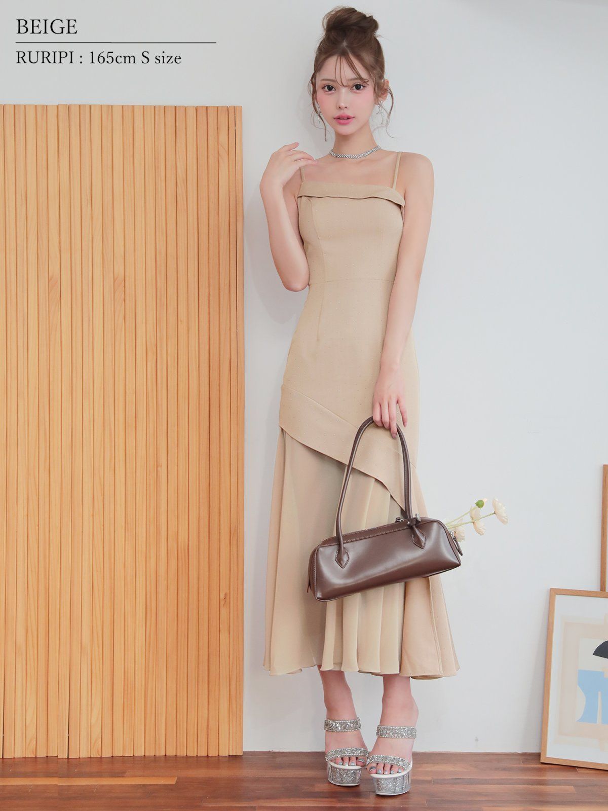 ベージュ OF2 AR25872-BE-2510 ANGEL R エンジェルアール アシンメトリーデザイン シフォン ラメ タイト ロングドレス キャバドレス