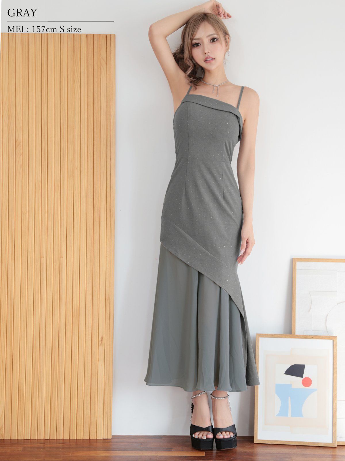 グレー OF 2 AR 25872-BE-2510 ANGEL R エンジェルアール アシンメトリーデザイン シフォン ラメ タイト ロングドレス キャバドレス