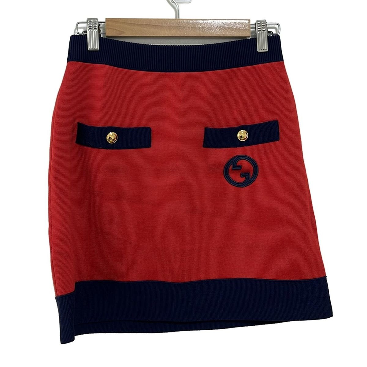 グッチ ミニスカート サイズM レディース - 742952 XKC76 レッド×ダークネイビー ニット シルク混 インターロッキングG ウエストゴム