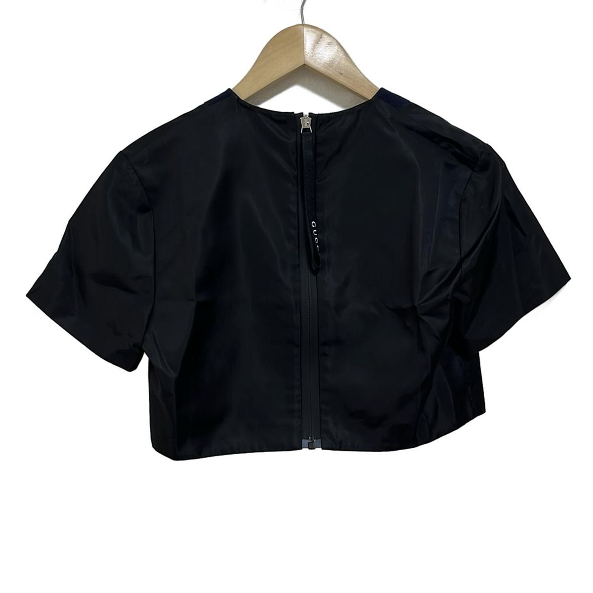 GUCCI グッチ 半袖カットソー サイズ40 M レディース - 771773 ZAPGD 黒×ダークネイビー×レッド クルーネック シルク ショート丈