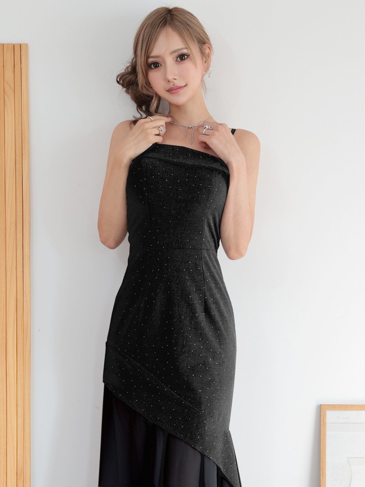 ブラック OF2 AR25872-BE-2510 ANGEL R エンジェルアール アシンメトリーデザイン シフォン ラメ タイト ロングドレス キャバドレス