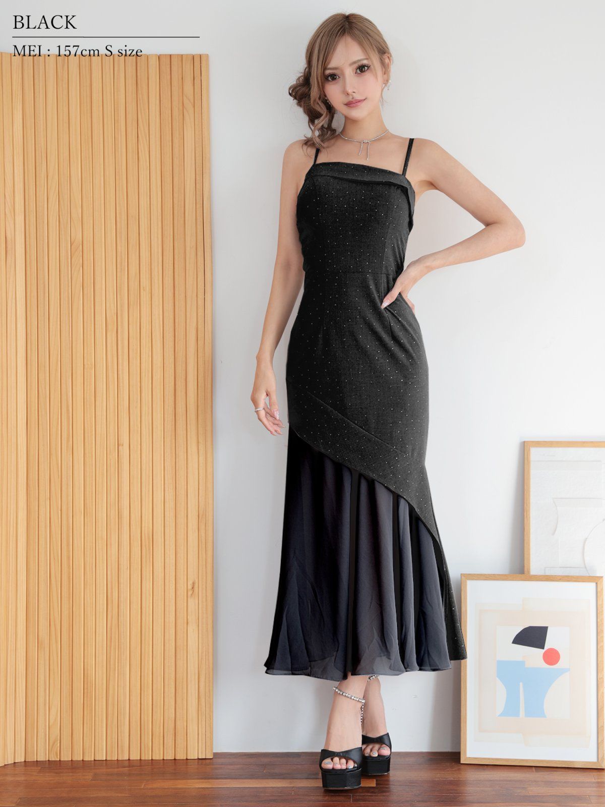 ブラック OF2 AR25872-BE-2510 ANGEL R エンジェルアール アシンメトリーデザイン シフォン ラメ タイト ロングドレス キャバドレス