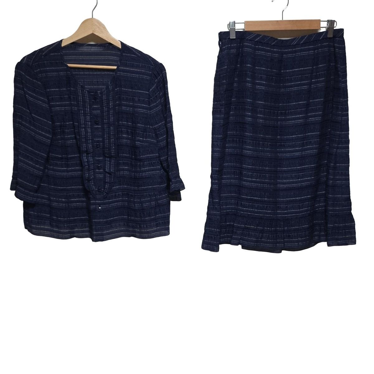 Leilian レリアン スカートセットアップ レディース - ダークネイビー×シルバー ボーダー