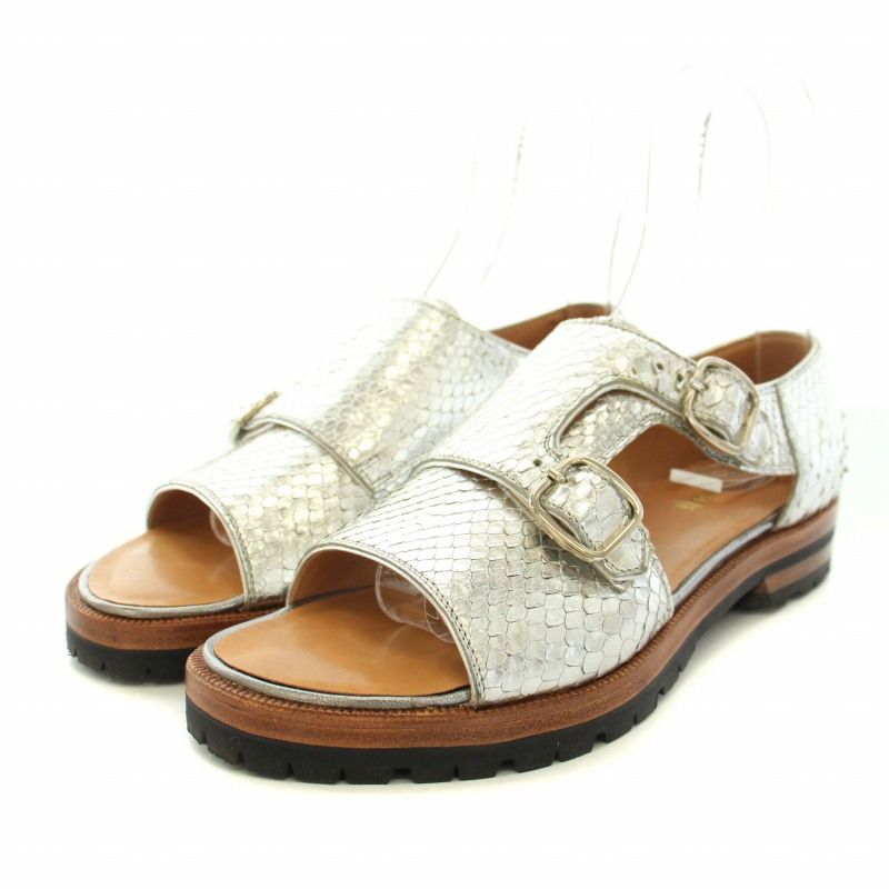 フラテッリ ジャコメッティ F.LLI Giacometti ダブルモンクサンダルズピトーネ Double Monk Sandals PITONE パイソンレザー ビブラムソール 37.5 24.5 cm シルバー 茶 ブラウン YT