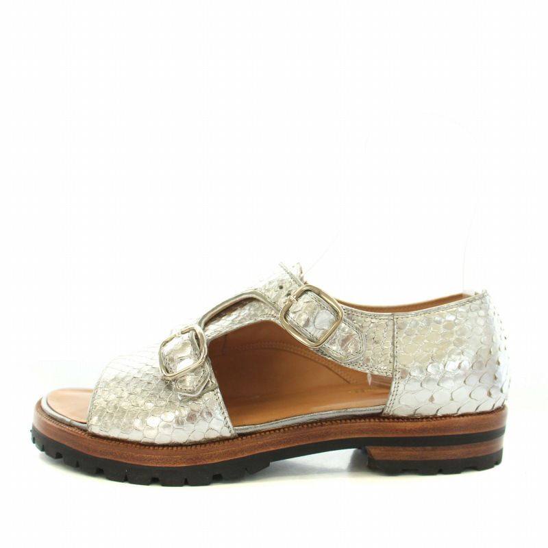 フラテッリ ジャコメッティ F.LLI Giacometti ダブルモンクサンダルズピトーネ Double Monk Sandals PITONE パイソンレザー ビブラムソール 37.5 24.5 cm シルバー 茶 ブラウン YT