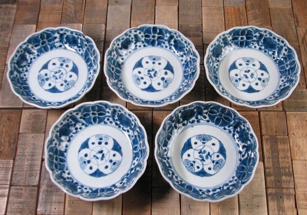 古伊万里 染付 花クルス文なます皿5客 幅 14 8 cm 江戸後期 25 k 017