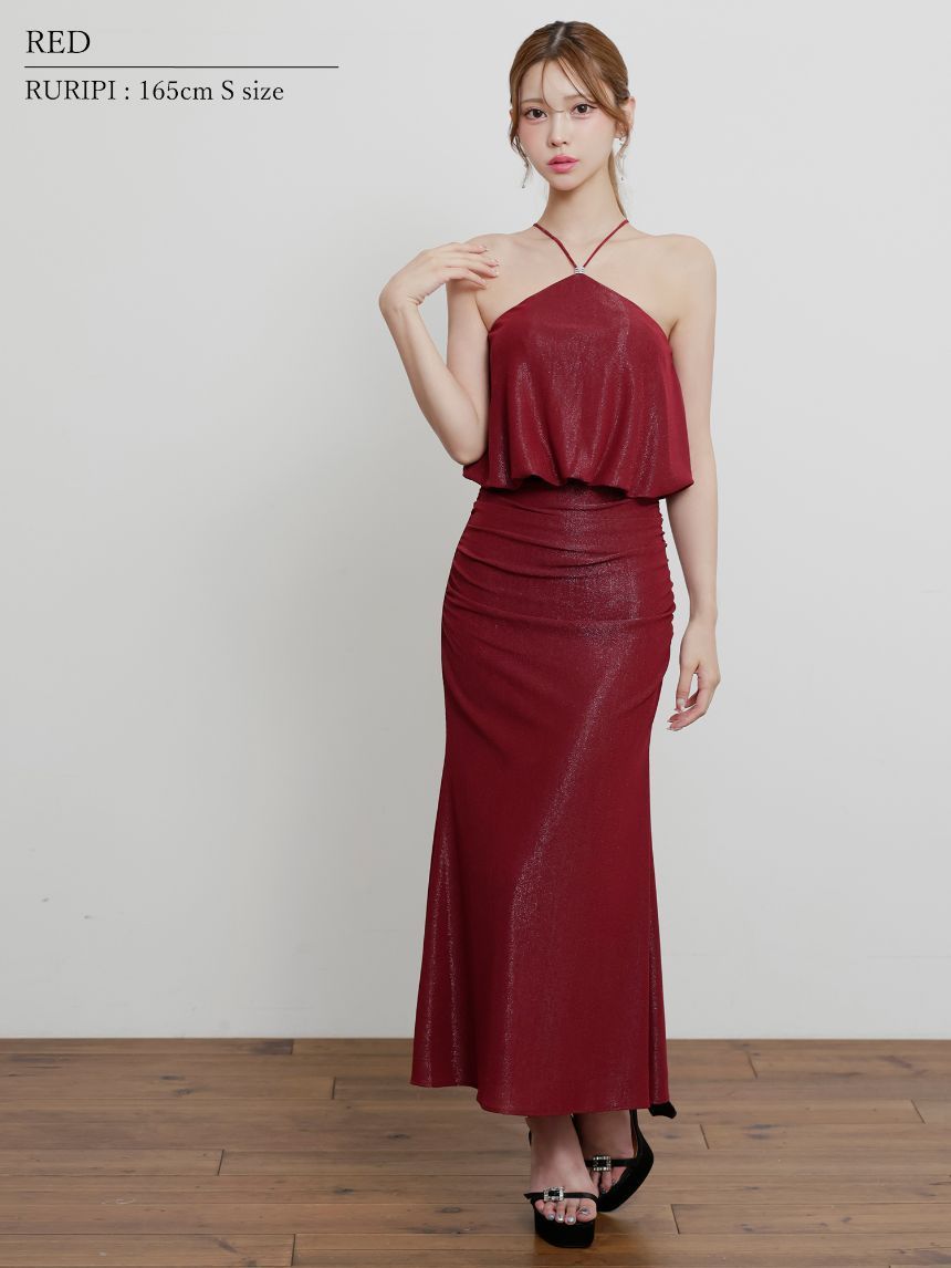 レッド OF2 AR25345-R-2509 ANGEL R エンジェルアール ホルターネック チャーム ラメ タイト ロングドレス キャバドレス