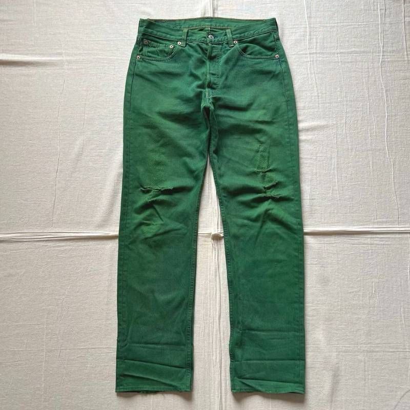 MADE IN USA 1996年11月 アメリカ製 Levi s 501 リーバイス 赤タブ ストレートデニム ジーンズ W33 L34 ボタンフライ 546 マーフィー工場 後染めグリーン 紙パッチ green straight denim