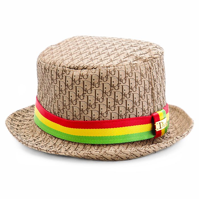 Christian Dior クリスチャンディオール ポークパイハット オブリーク トロッター ロゴ ゴールドプレート グログランリボン コットン混 帽子 小物 メンズ レディース ユニセックス サイズ 58 ブラウン マルチ 茶 総柄 フランス製