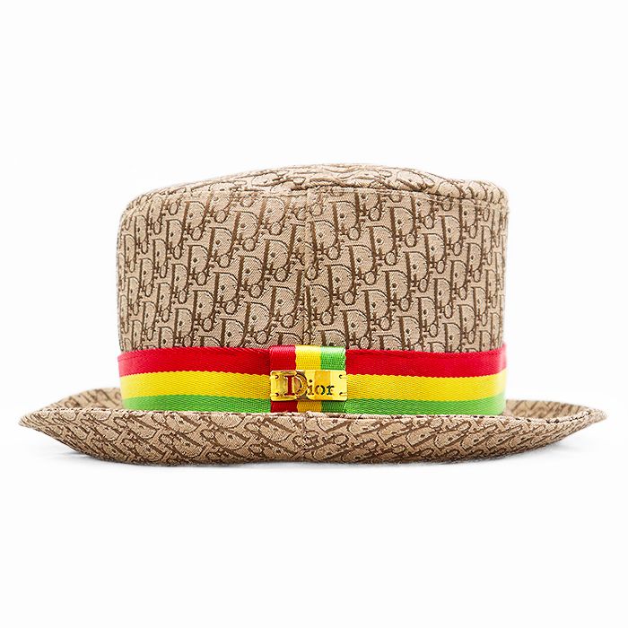 Christian Dior クリスチャンディオール ポークパイハット オブリーク トロッター ロゴ ゴールドプレート グログランリボン コットン混 帽子 小物 メンズ レディース ユニセックス サイズ 58 ブラウン マルチ 茶 総柄 フランス製