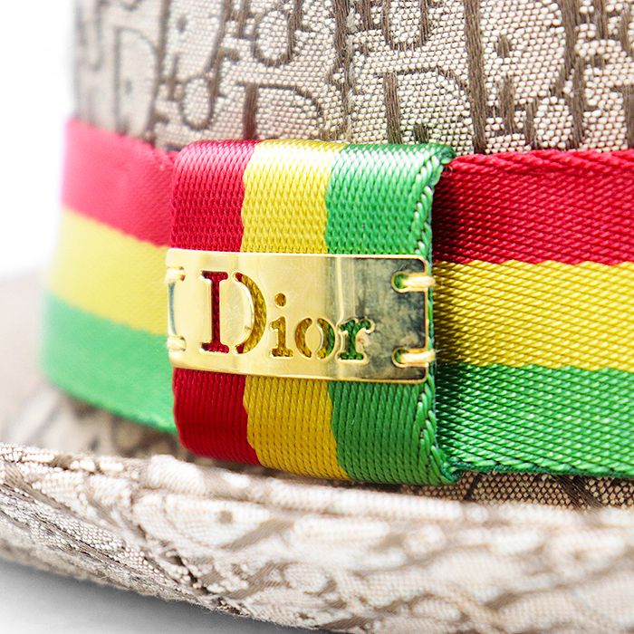  Christian Dior クリスチャンディオール ポークパイハット オブリーク トロッター ロゴ ゴールドプレート グログランリボン コットン混 帽子 小物 メンズ レディース ユニセックス サイズ 58 ブラウン マルチ 茶 総柄 フランス製 その他 帽子
