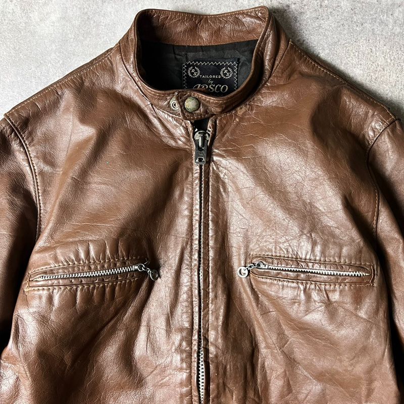 70s ARSCO サテン ライナー 本革 レザー シングル ライダース ジャケット 70年代 アメリカ製 ビンテージ ブラウン 革ジャン