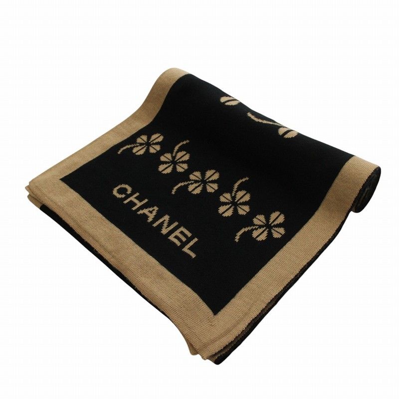 シャネル マフラー ストール ニット クローバー ココマーク 総柄 茶色 黒 CHANEL（シャネル） マフラー ストール ニット クローバー ココマーク