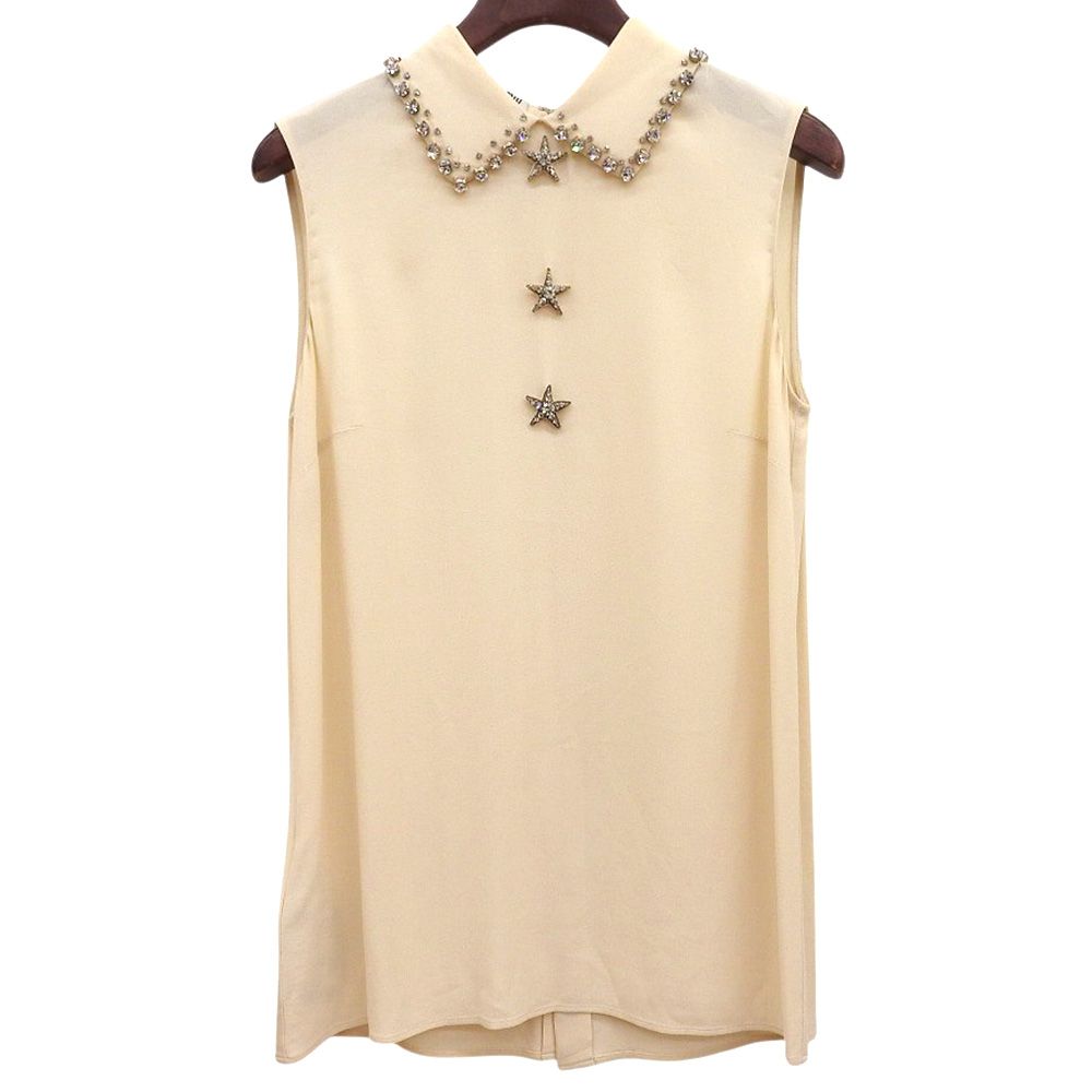 MIUMIU ミュウミュウ スター×ビジュークリスタル ノースリーブ シャツブラウス トップス レディース レーヨン混 ベージュ 36 MK1038 1MLP 36