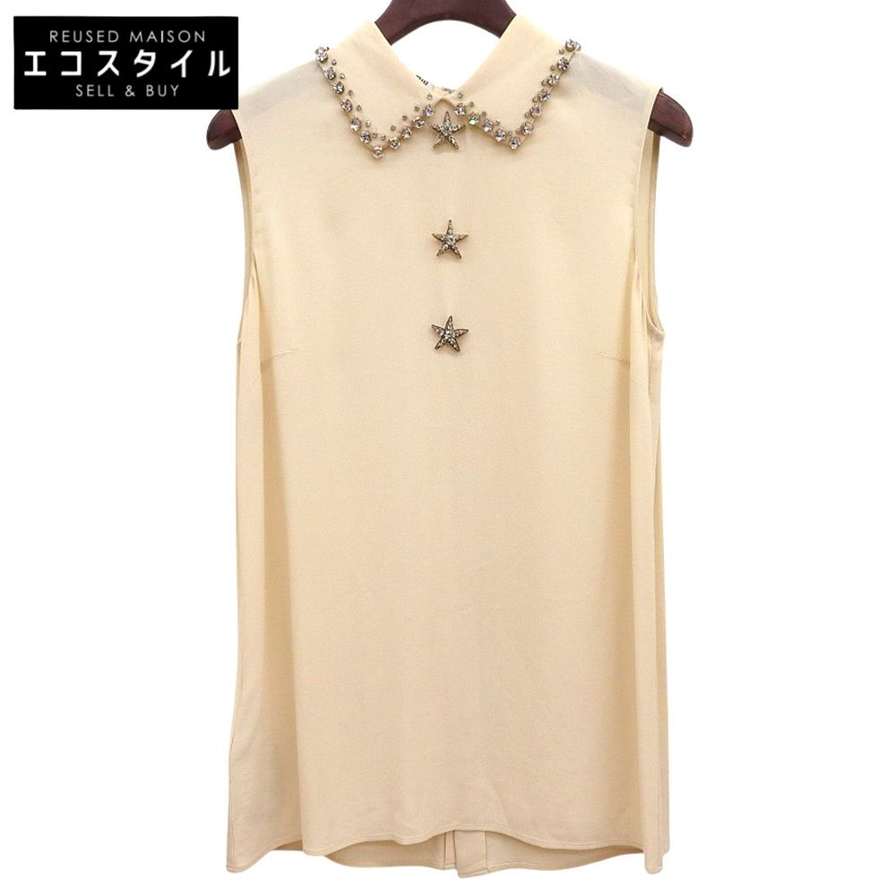 MIUMIU ミュウミュウ スター×ビジュークリスタル ノースリーブ シャツブラウス トップス レディース レーヨン混 ベージュ 36 MK1038 1MLP 36