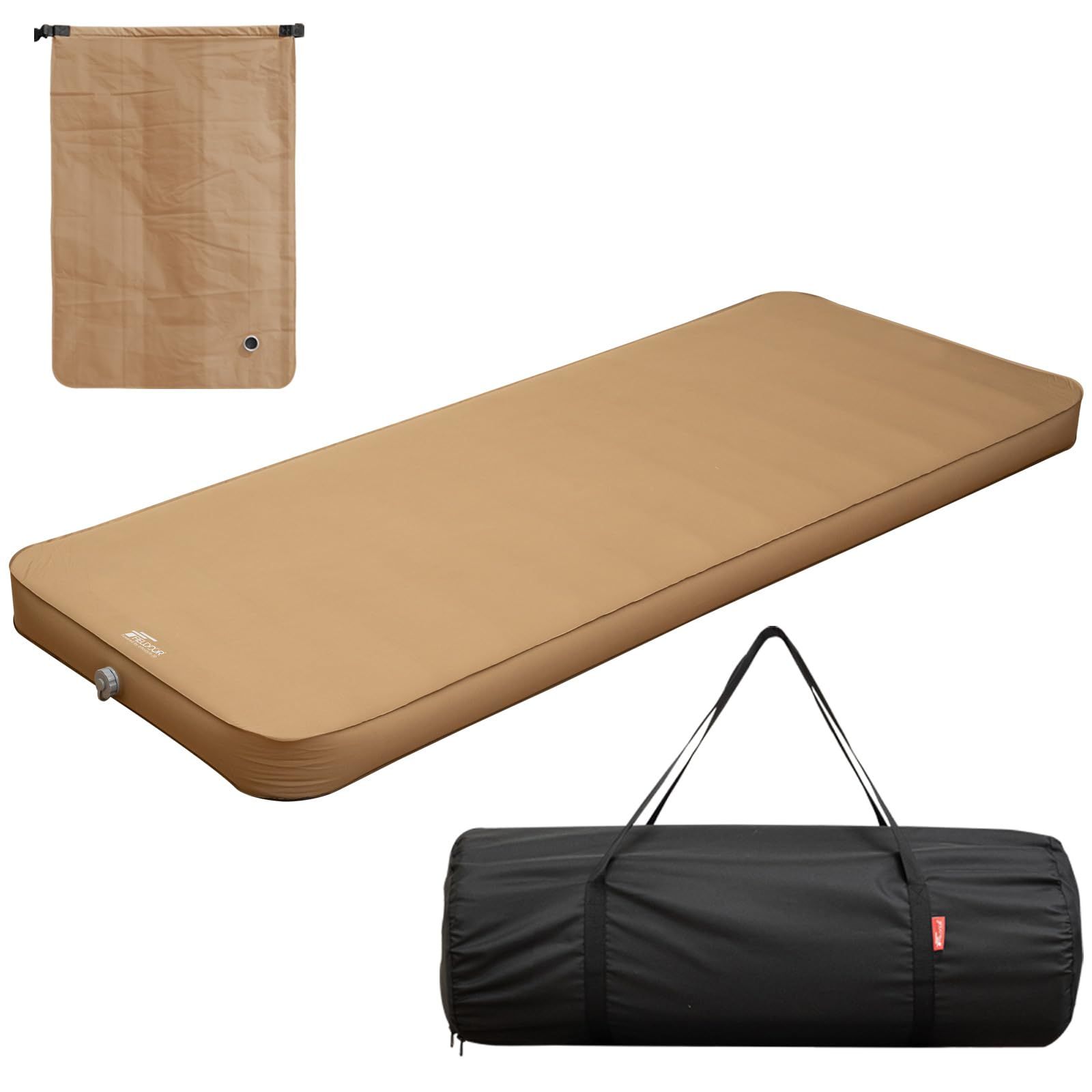FIELDOOR エアーポンプ付属 キャンプマット エアーマット 10cm厚 インフレーターマット 自動膨張 厚手 厚 高密度ウレタンフォーム 二重バルブ 簡単設営 キャンプ 車中泊 グランピング 防災 ブラウン 単品