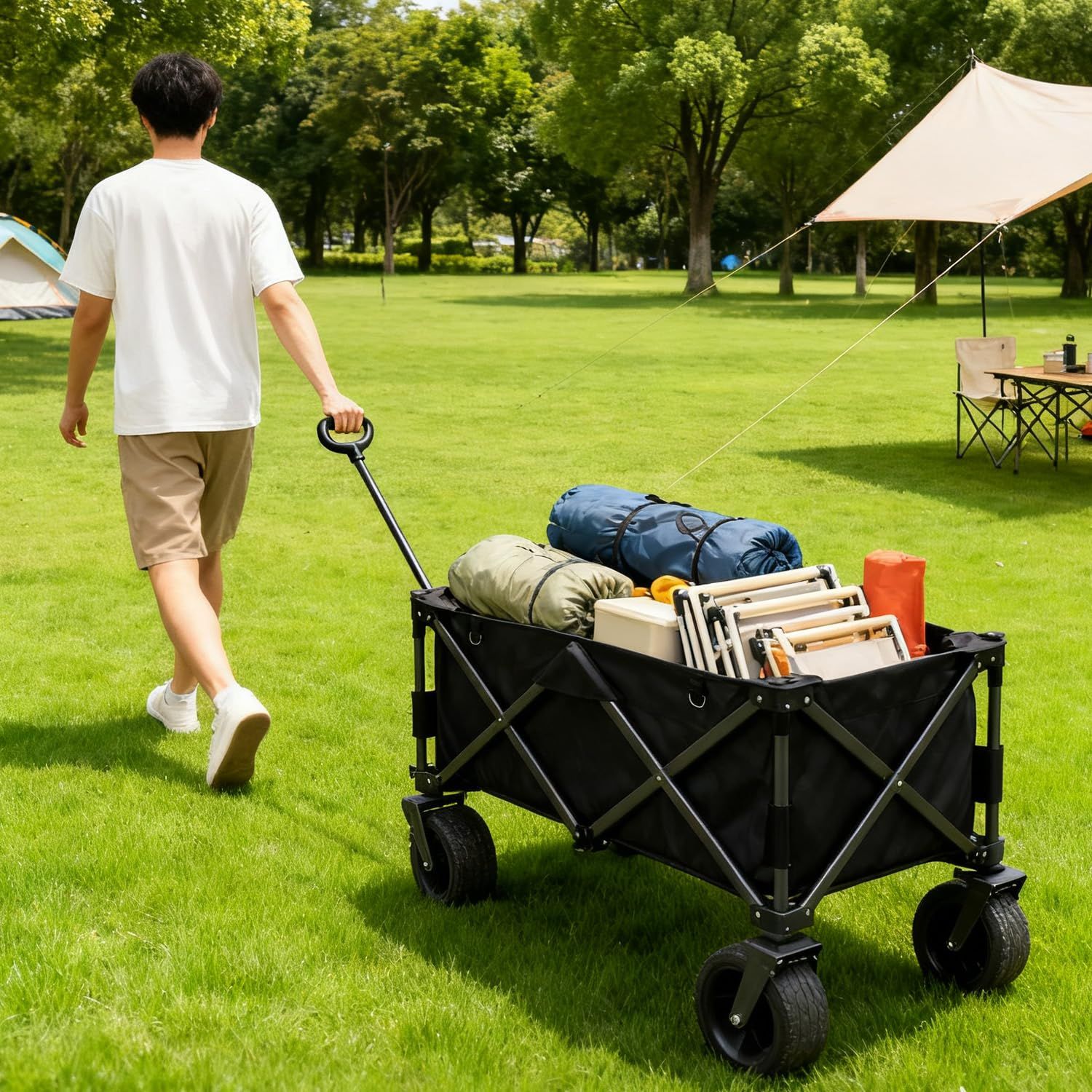 便利な Vinnatsuキャリーワゴン ブレーキ付き 大容量150L高耐荷重300kg 台車 折りたたみ式 キャンプカート 軽量 自立収納 大型タイヤ ブレーキ付き キャンプ用品 アウトドア キャンプ レジャー BBQ 運動会 ワンタッチ収束型 収納バッグ付き