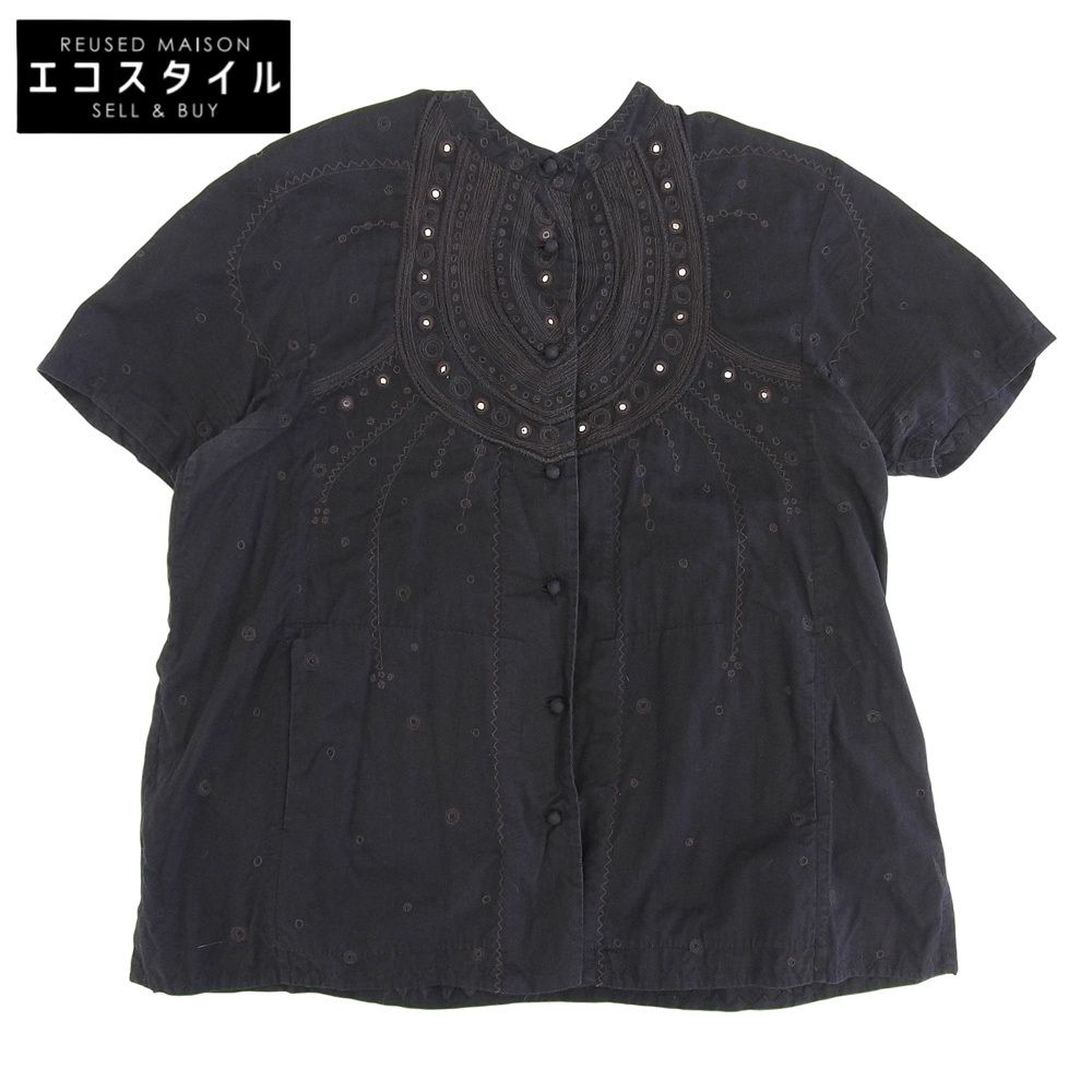 Haat ハート コットン 半袖 シャツブラウス トップス レディース 黒 ブラック ブラウン刺繍 2