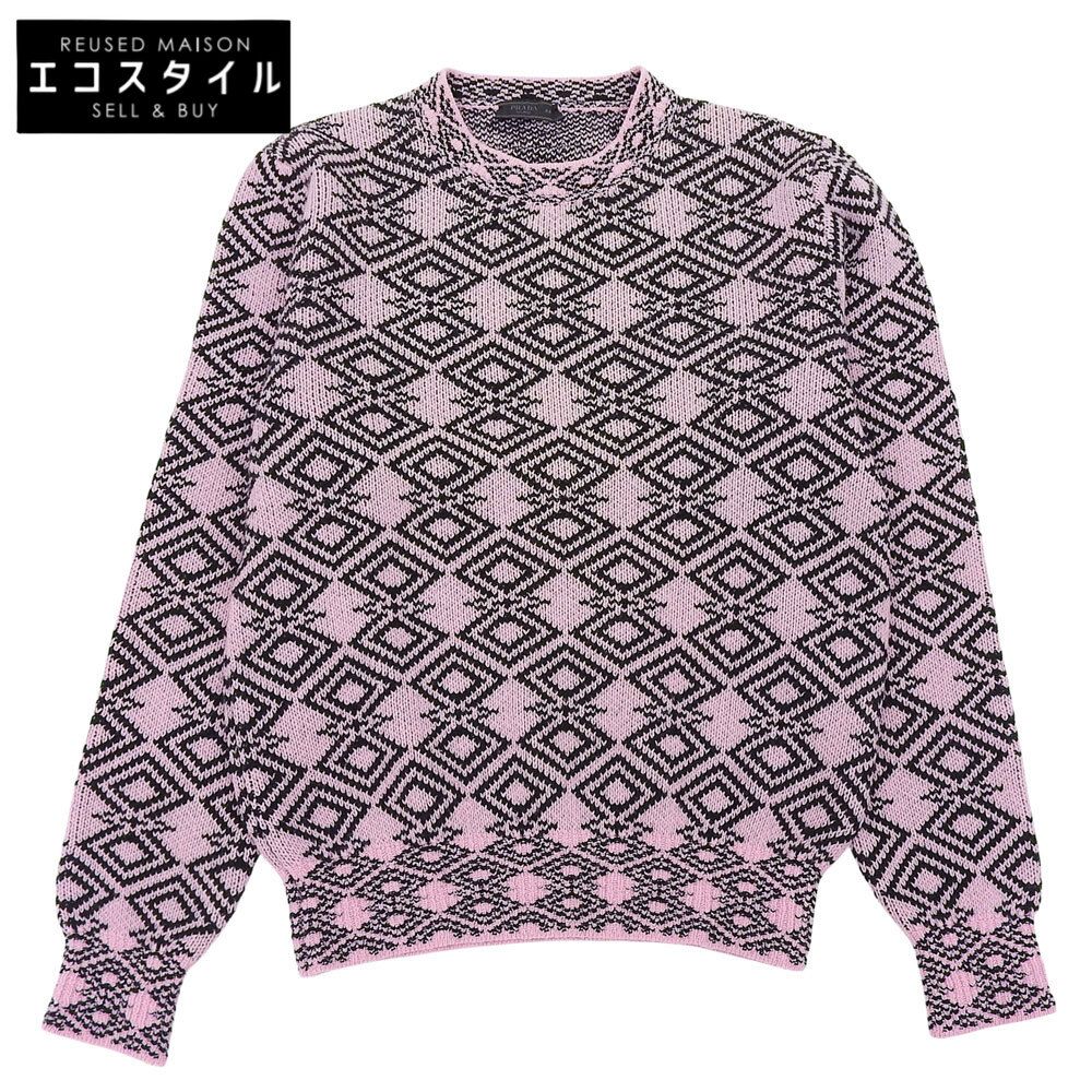 PRADA プラダ 総柄 カシミヤ ニット トップス メンズ ピンク×ブラック 44 UMB258 44