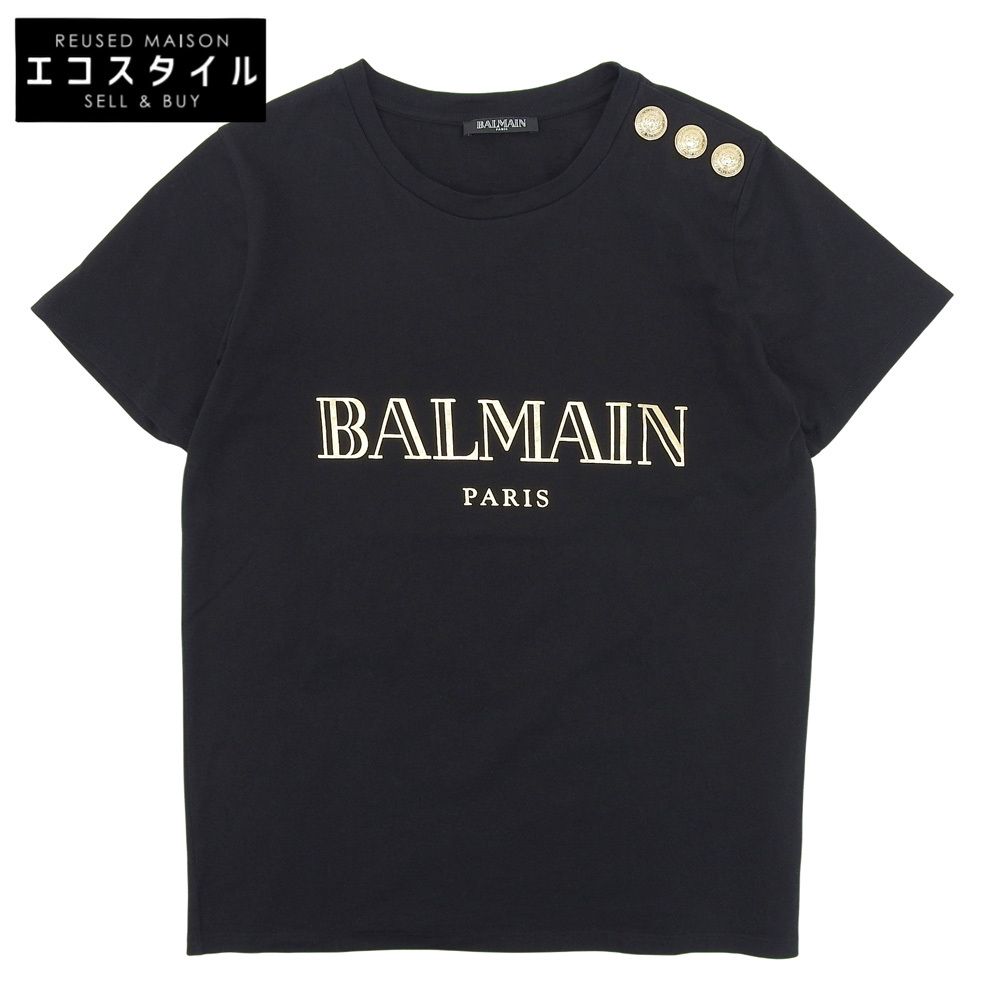 BALMAIN バルマン コットン ロゴプリント ゴールドボタン Tシャツ トップス レディース 黒 ブラック 34 148120 326I 34