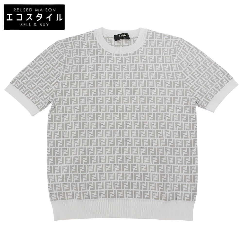 FENDI フェンディ ズッカ柄 半袖ニット トップス メンズ ホワイト グレー 48 FZY443 24年 48