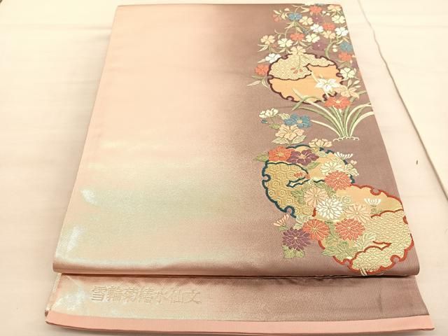 平和屋着物◎六通柄袋帯 唐織 雪輪菊椿水仙文 金糸 引箔 正絹 逸品 未