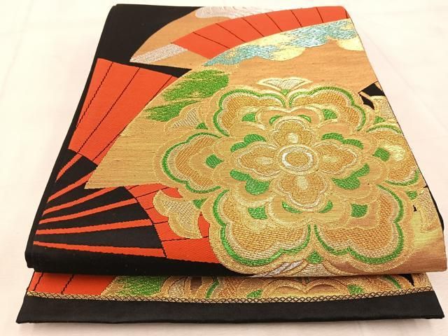 平和屋着物◎六通柄袋帯 扇面花文 銀糸 正絹 逸品 AABB4578wj