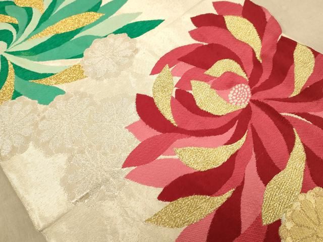 平和屋着物●六通柄袋帯　唐織　市松草花文　金糸　正絹　逸品　CABC4767dy 平和屋着物◎六通柄袋帯 唐織 花唐草文 金糸 正絹 逸品 BAAX4761qwの