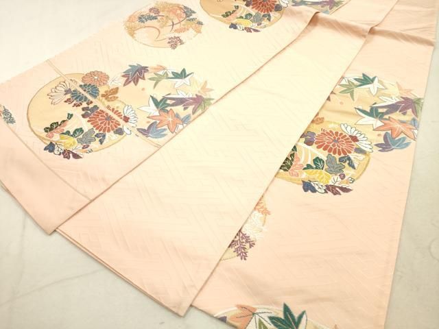 平和屋着物◎西陣 六通柄袋帯 唐織 秋草入扇花の丸文様 金糸 証紙付き