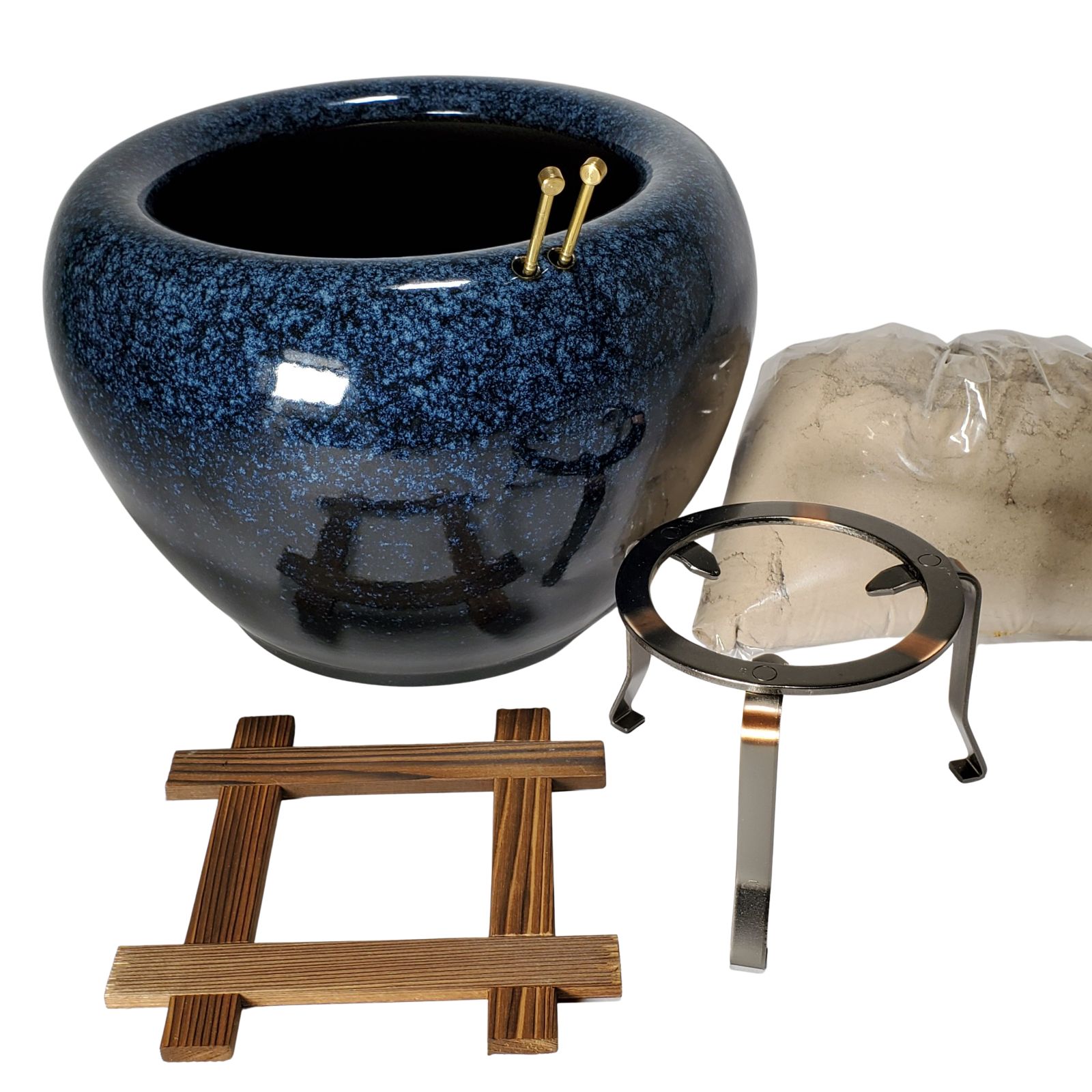 生子火鉢 10号 5点セット 本わら灰付き 火箸 五徳 井ゲタ付き 信楽焼き 陶器 火鉢 暖房 わら灰 木炭 灰 ひばち 囲炉裏 灰汁 B 026-12