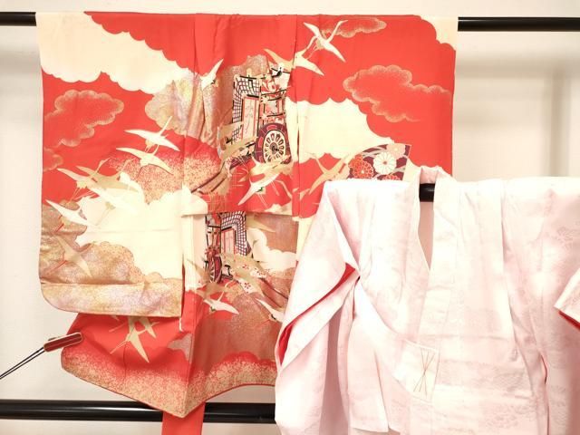 【限定セール，定番】 平和屋着物[]七五三　女の子　３歳　祝着　三つ身　長襦袢(袷)セット　御所車飛鶴花文　金銀彩　逸品　DAAY3123ma 着物・着物ドレス