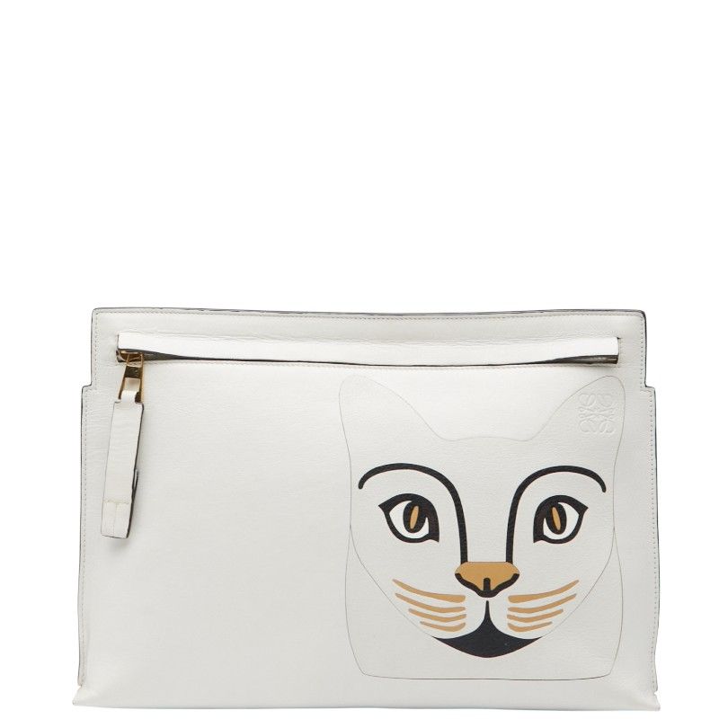 ロエベ アナグラム キャット クラッチバッグ ポーチ ホワイト マルチ レザー レディース LOEWE 1-0239515