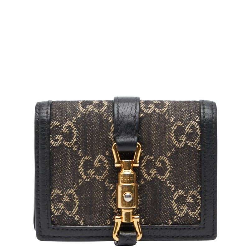 グッチ ジャッキー1961 二つ折り財布 コンパクトウォレット 645536 ブラック デニム レザー レディース GUCCI 1-0240043