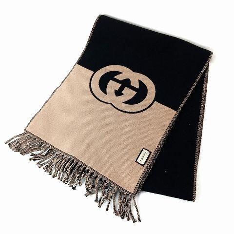 グッチ GUCCI ロゴ インターロッキングG ウール スカーフ マフラー 黒 ベージュ AA