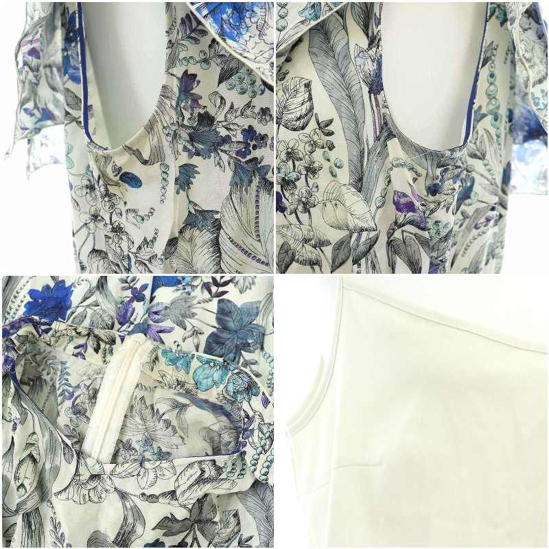 お財布に優しい アナイ ANAYI 24SS ドローイングボタニカルボウ ワンピース ロング ミモレ丈 ノースリーブ 花柄 インナー付き 38 青 ブルー グレー MI OS