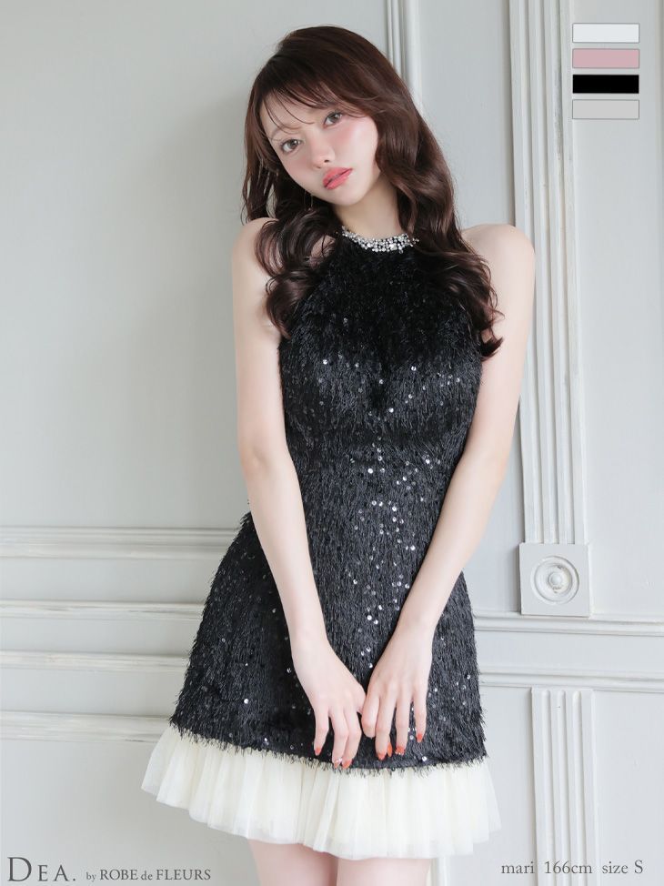 ブラック OF08 DE4135-B-2511 DEA. ディア スパンコール フリンジ ハイネック フ ミニドレス キャバドレス