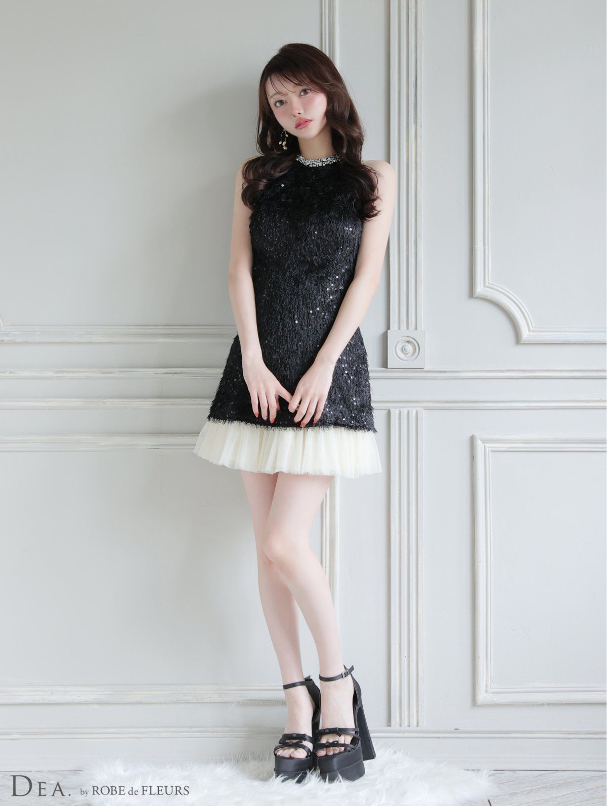 ブラック OF08 DE4135-B-2511 DEA. ディア スパンコール フリンジ ハイネック フ ミニドレス キャバドレス