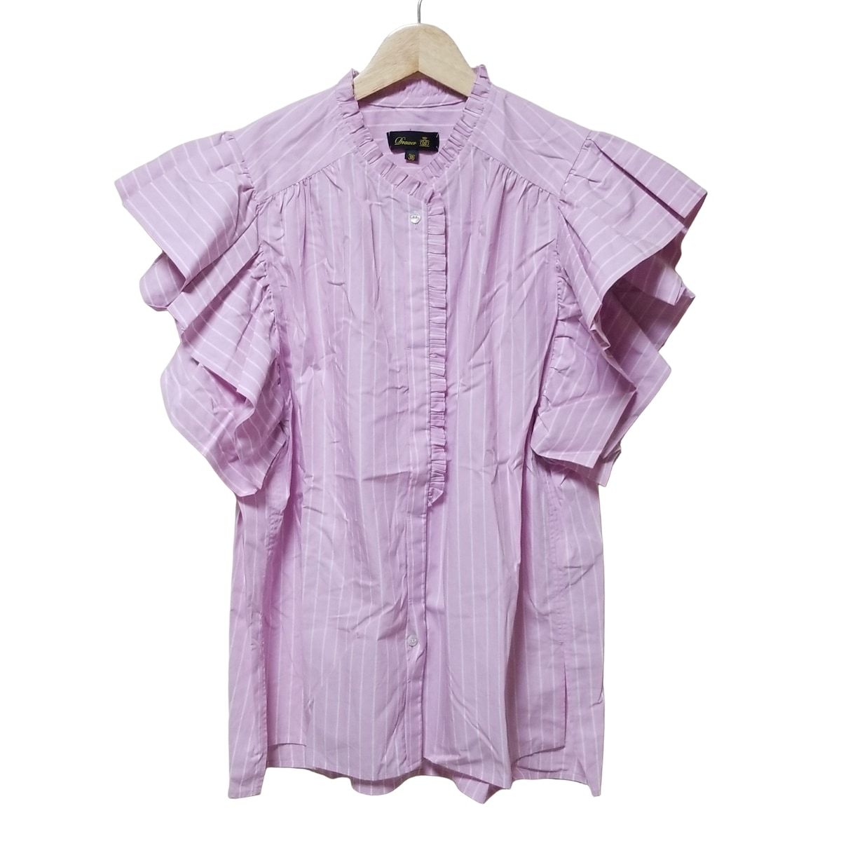 Drawer ドゥロワー 半袖シャツブラウス サイズ36 S レディース 白 ピンク ストライプ フリル