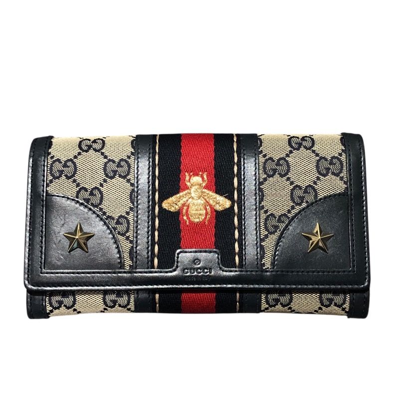 グッチ GUCCI シェリーライン ウェビングビー長財布 409440 ネイビー GGキャンバス レザー レディース 長財布