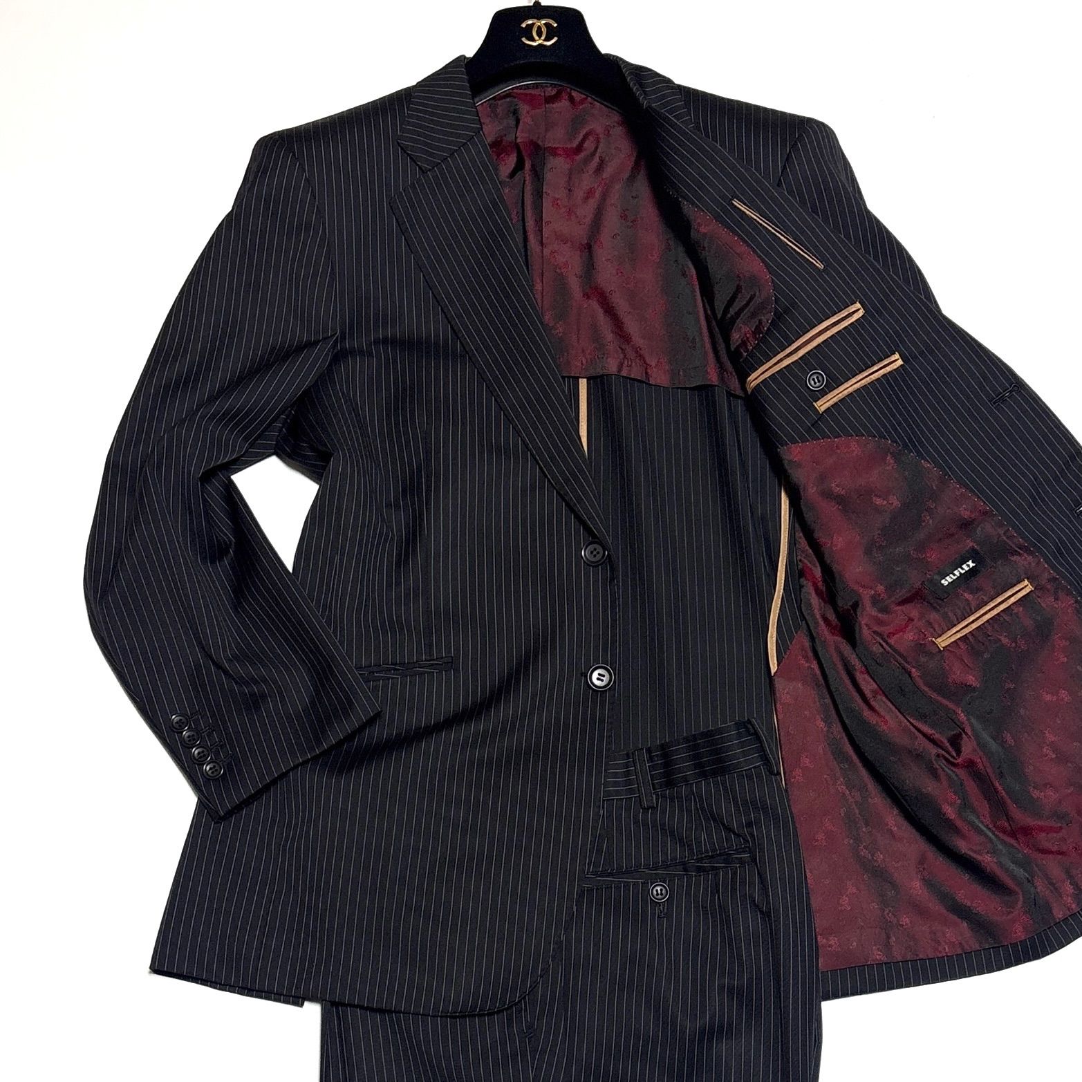 オンワード樫山 SELFLEX ストライプ ビジネススーツ セットアップ 裏地