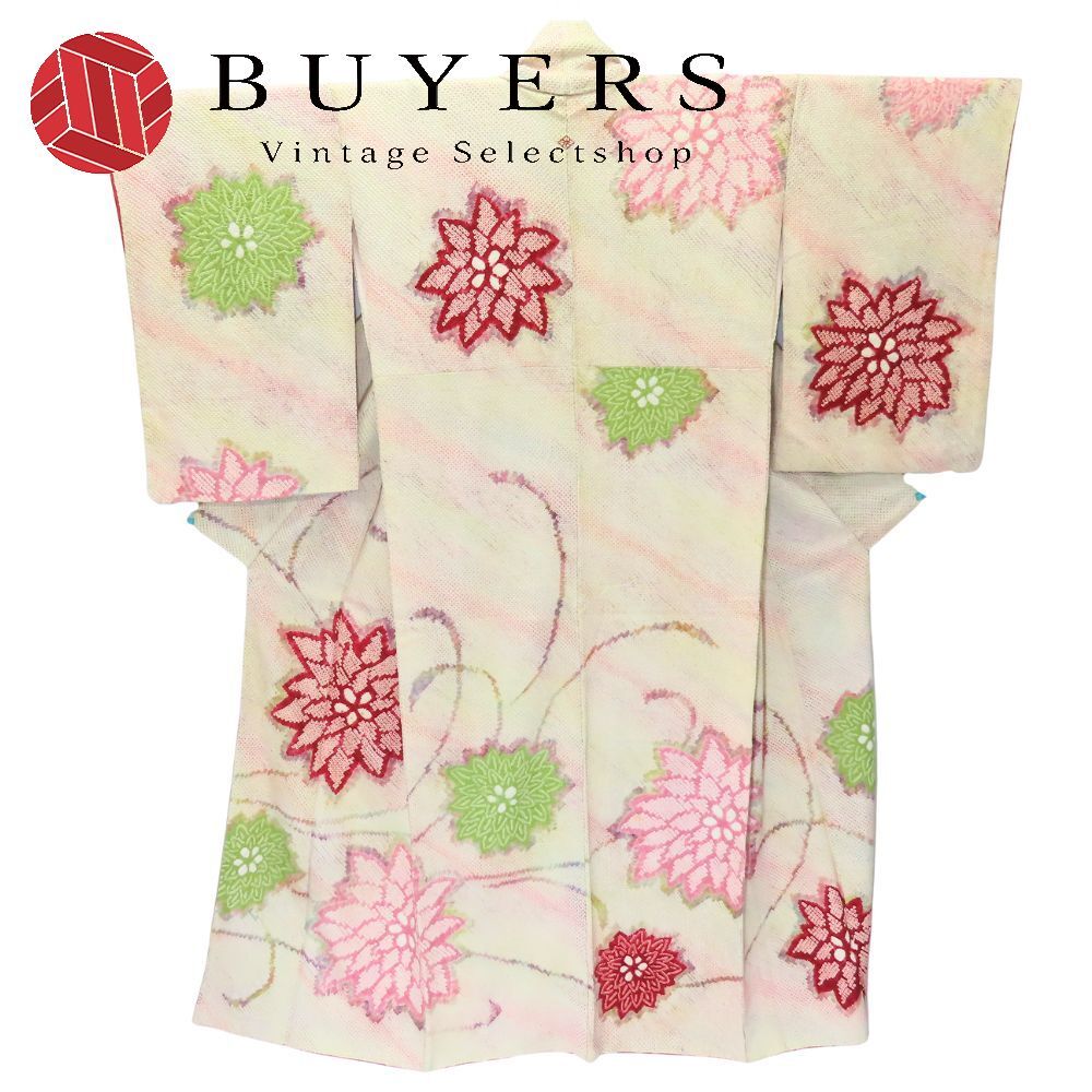 小紋 総絞り 正絹 アイボリー系 レッド 和装 呉服 和服 きもの レディース 女性