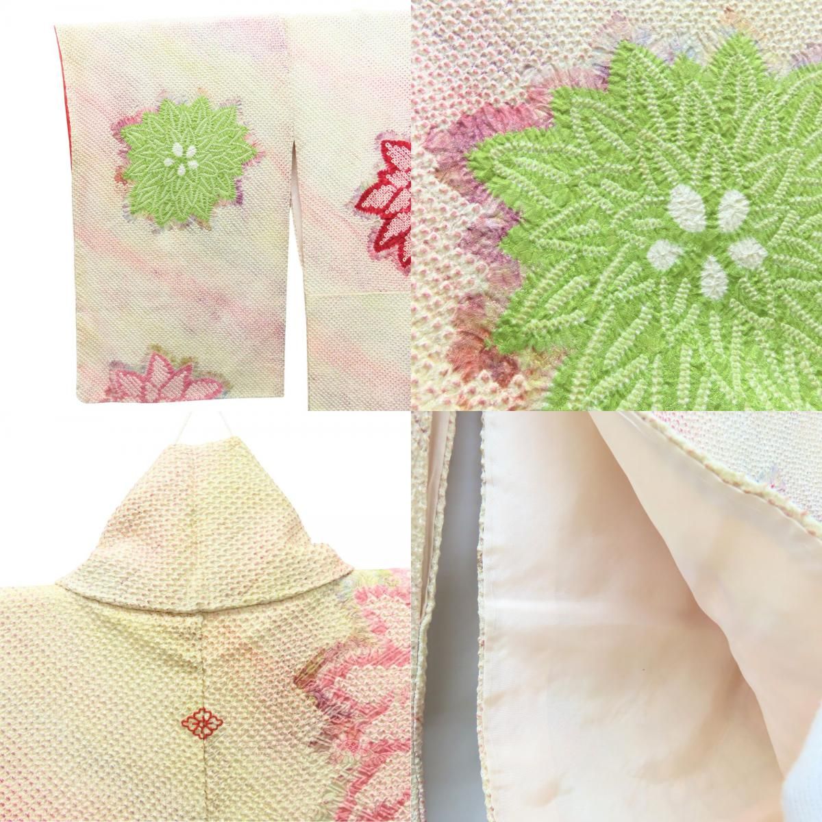  小紋 総絞り 正絹 アイボリー系 レッド 和装 呉服 和服 きもの レディース 女性 小紋 着物